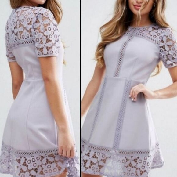 ASOS WEDDING GUEST LAVENDER LILAC PURPLE LACE SLEEVE DRESS 0 XS X SMALL LIKE NEW - Picture 1 of 11